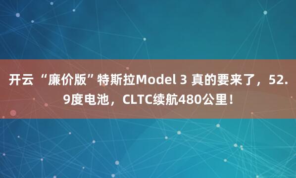 开云 “廉价版”特斯拉Model 3 真的要来了，52.9度电池，CLTC续航480公里！